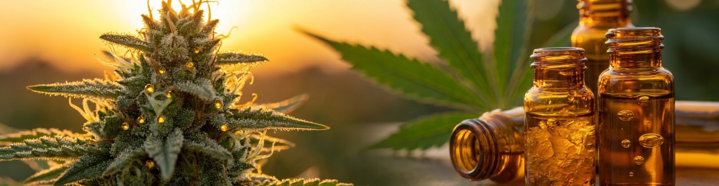 Visualisation macro des terpènes et cannabinoïdes en synergie illustrant l'effet d'entourage théorisé par Ethan Russo dans le cannabis médical