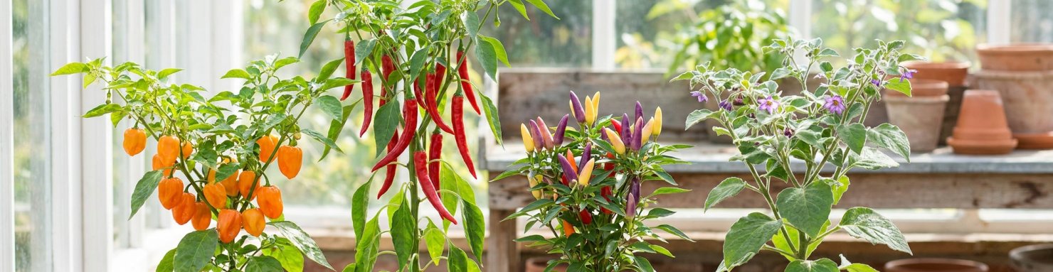Différentes espèces de piments en serre : habanero orange, piment de Cayenne, piment d'ornement et rocoto à fleurs violettes