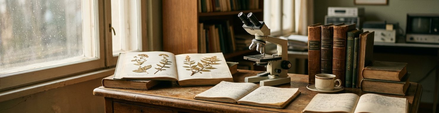 Bureau de chercheur neurologue avec ouvrages d'ethnobotanique, microscope vintage et herbier de plantes médicinales évoquant l'environnement scientifique d'Ethan Russo dans la recherche cannabinoïde