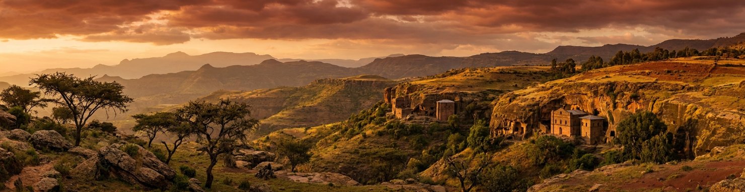 Hauts plateaux éthiopiens au soleil couchant, paysage historique de la fin du règne de Hailé Sélassié et de la dynastie salomonide