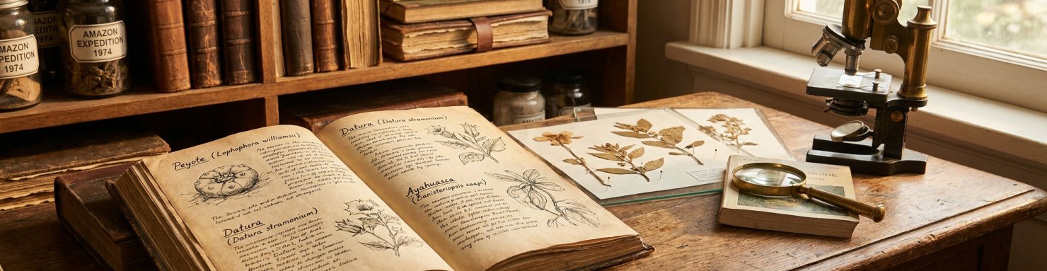 Carnet d'ethnobotaniste avec illustrations de plantes psychoactives évoquant les travaux de Schultes et Hofmann
