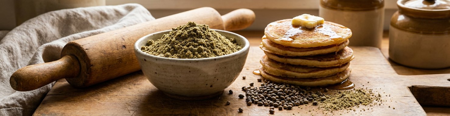 Farine de chanvre utilisée en cuisine pour préparer des pancakes et recettes maison