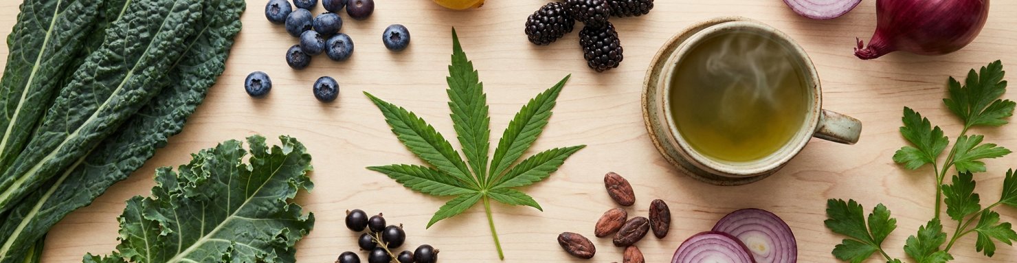 Aliments riches en flavonoïdes : feuille de cannabis, baies, kale, thé vert, cacao, oignon rouge et persil en composition éditoriale