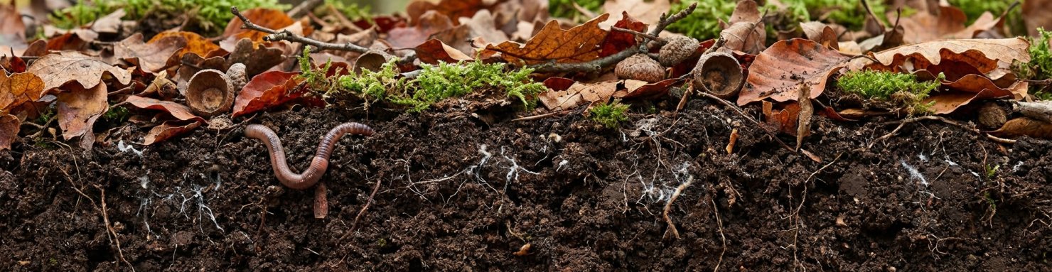Coupe de sol forestier : litière de feuilles, humus sombre, ver de terre et filaments de champignons