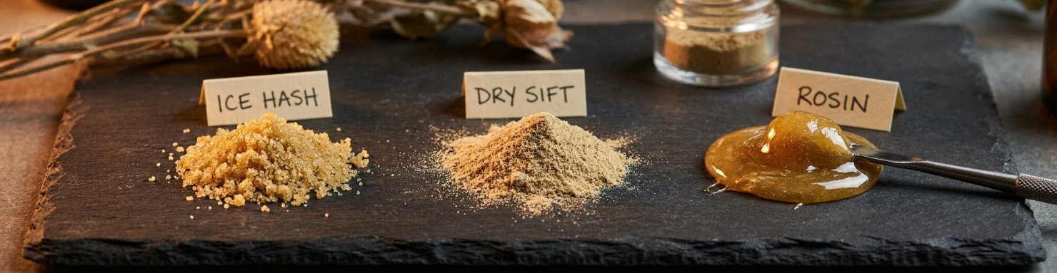 Comparaison frozen hash, dry sift et rosin : trois concentrés de cannabis sans solvant