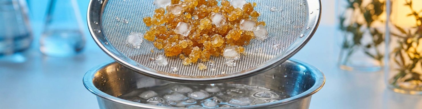 Extraction du frozen hash à l'eau glacée avec trichomes dorés sur tamis