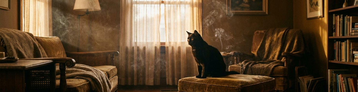 Volutes de fumée dans un salon avec un chat à proximité, illustrant les risques de la fumée passive de cannabis