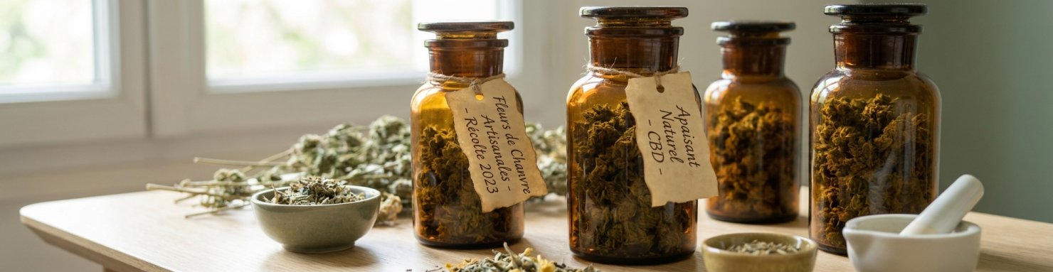 Bocaux ambrés de fleurs CBD artisanales illustrant l'héritage moderne de la G13 dans le marché européen du chanvre légal