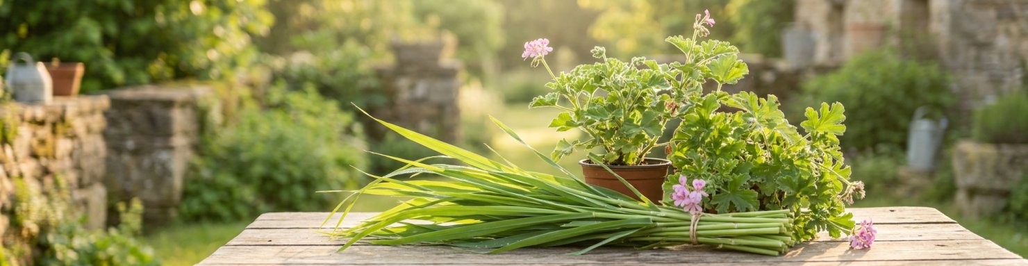 Géraniol répulsif naturel, citronnelle et géranium au jardin