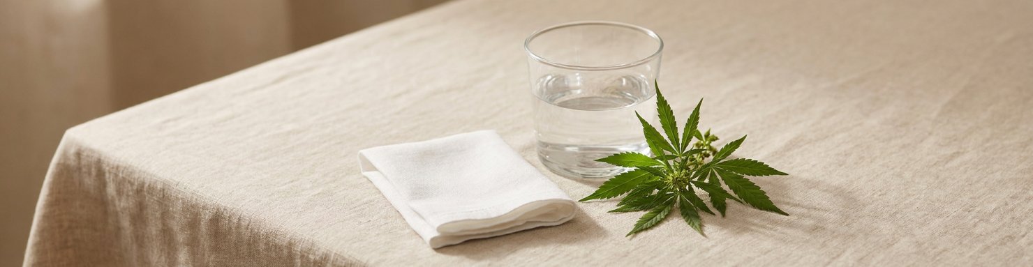 Verre d'eau, mouchoir et feuille de chanvre évoquant la gestion d'une allergie au cannabis