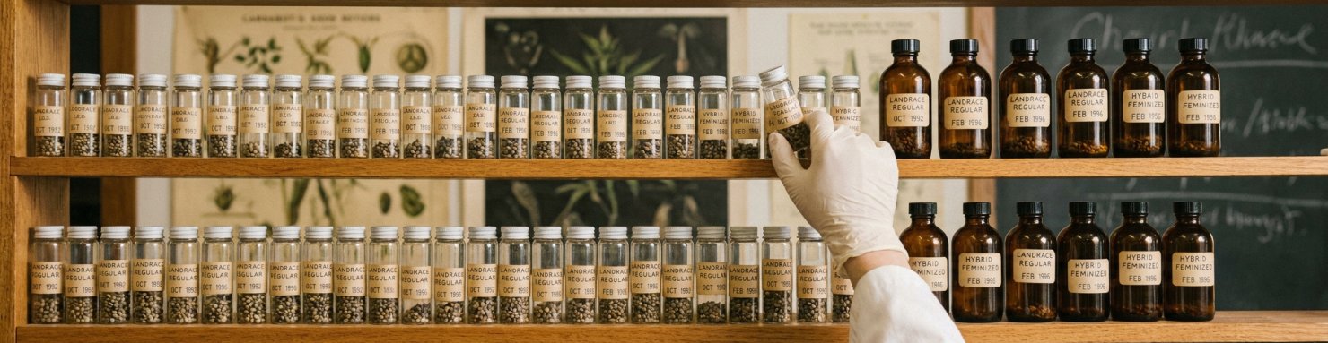 Graines féminisées dans une banque de conservation génétique : vials et bouteilles d'archives illustrant l'histoire de la sélection cannabique moderne