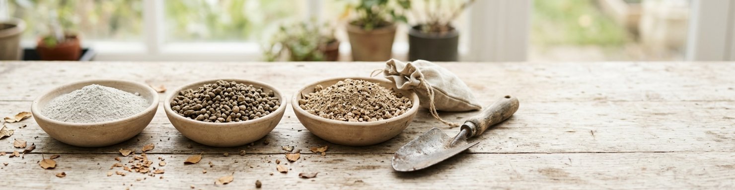 Trois bols de fertilisants organiques secs, poudre, granulés et matière grossière, sur une table de jardin en bois