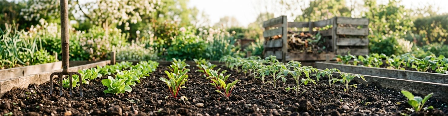 Planche de potager à la terre riche et fraîchement travaillée avec jeunes plants et bac à compost en arrière-plan