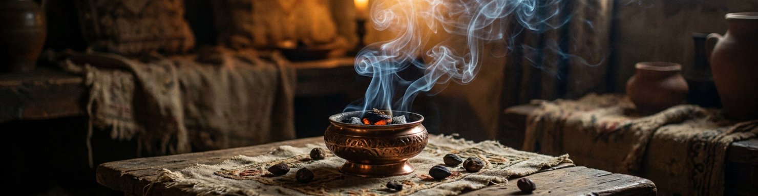 Fumigation de graines de harmel comme encens dans un brûle-encens traditionnel