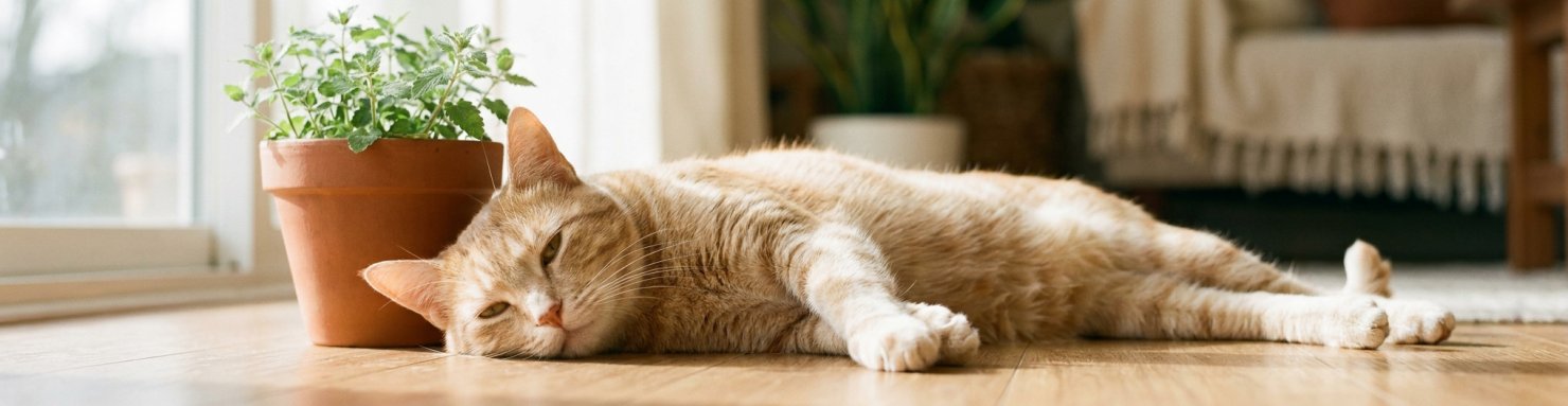 Chat adulte serein allonge pres d une plante de cataire en pot illustrant l absence de danger pour un felin en bonne sante