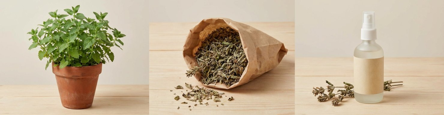 Cataire fraiche en pot sachet de cataire sechee et flacon spray presentes ensemble pour comparer les trois formes d herbe a chat