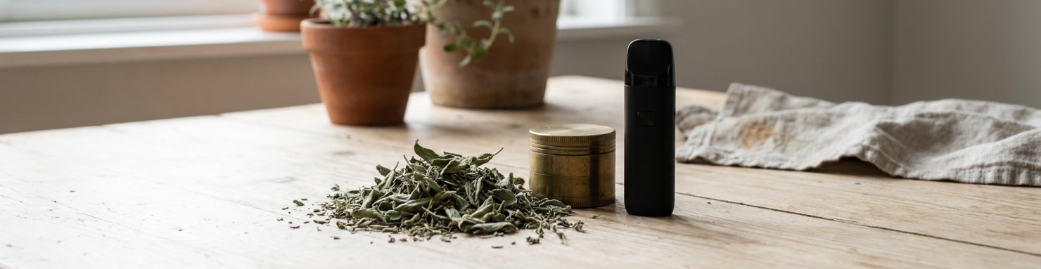 Herbes sèches, grinder en métal et vaporisateur portable sur une table en bois