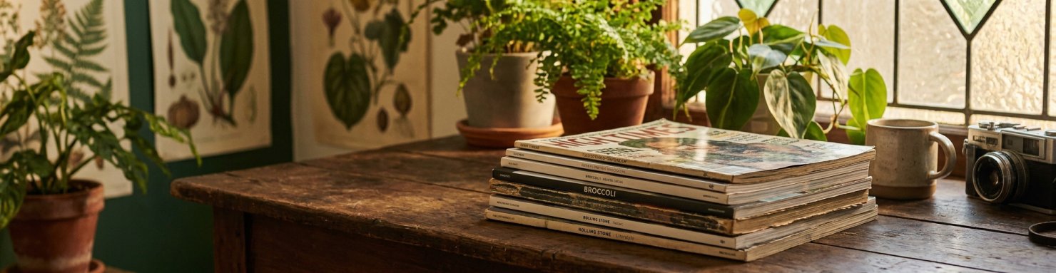 Magazines empiles sur table en bois eclairee par lumiere chaude, heritage culturel du media cannabis transmis aux generations contemporaines