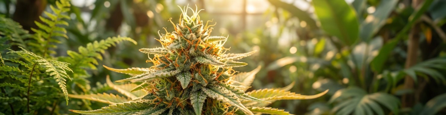 Fleur de cannabis sativa givrée de trichomes symbolisant le high cérébral aux terpènes limonène