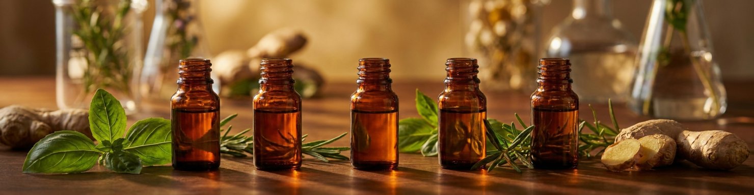 Fioles d'huiles essentielles, basilic et gingembre évoquant la recherche scientifique sur l'humulène et l'effet d'entourage