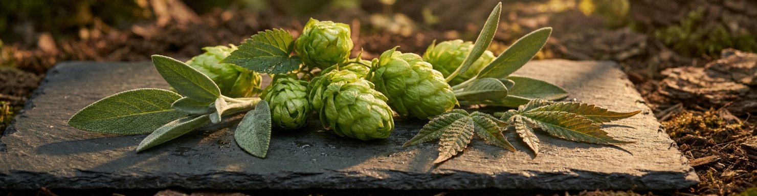 Cônes de houblon, sauge et feuilles de cannabis illustrant les sources végétales de l'humulène