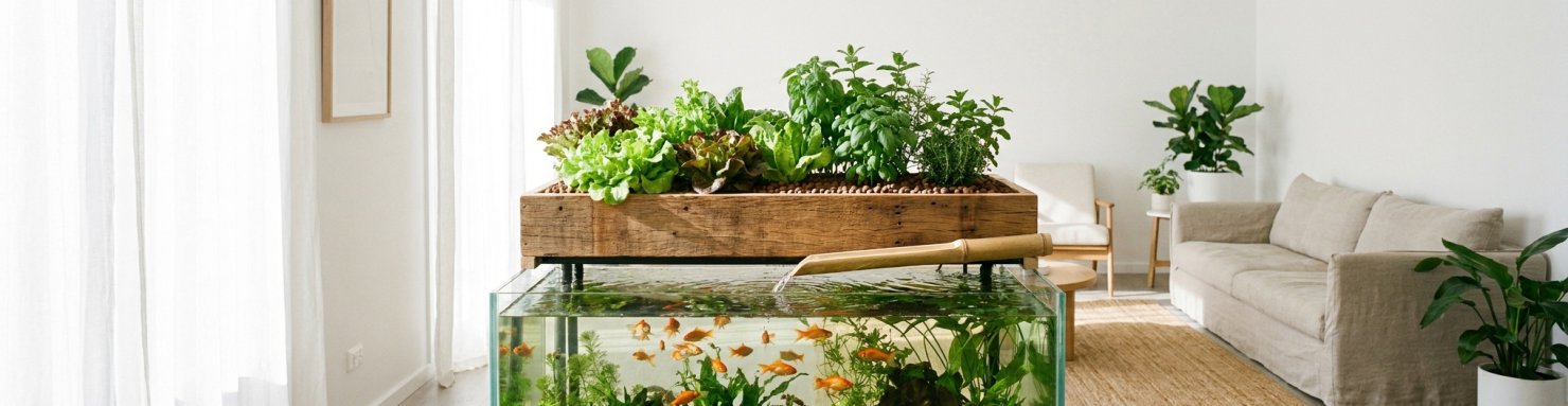 Système d'aquaponie dans un salon : aquarium de poissons rouges surmonté d'un bac de laitues et d'herbes sur billes d'argile
