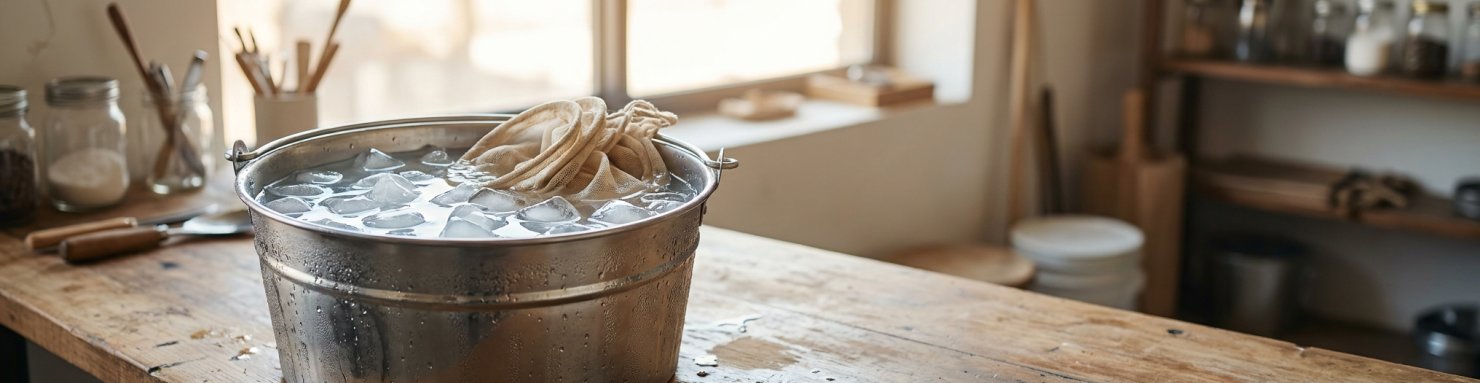 Seau d'eau glacée et sacs filtrants illustrant l'Ice-O-Lator de Mila Jansen