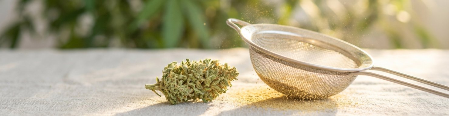 Fleur de chanvre CBD et tamis fin laissant passer du kief doré