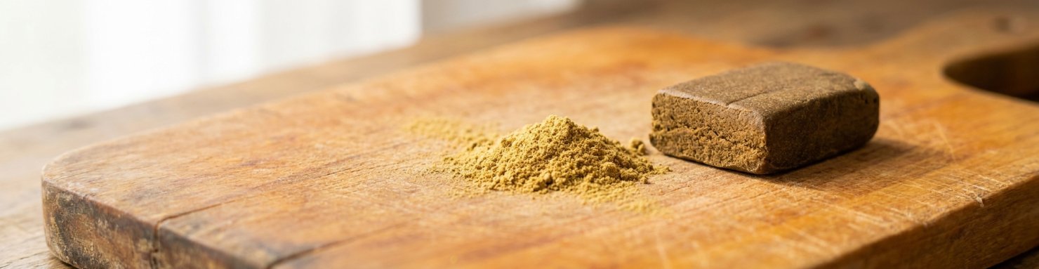 Kief en poudre dorée à côté d'un bloc de haschich pressé sur une planche en bois