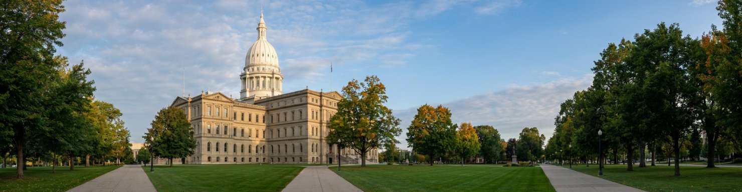 Capitole de Lansing, capitale de l'État du Michigan, vu depuis une allée bordée d'arbres