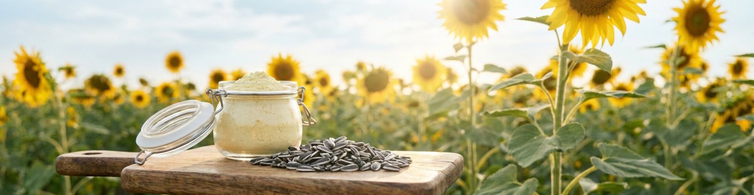 Lécithine de tournesol en poudre dans un bocal devant un champ de tournesols