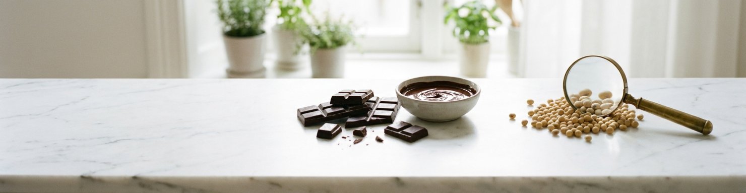 Chocolat noir et graines de soja sous une loupe, symbole de l'émulsifiant E322 et de la sécurité de la lécithine de soja