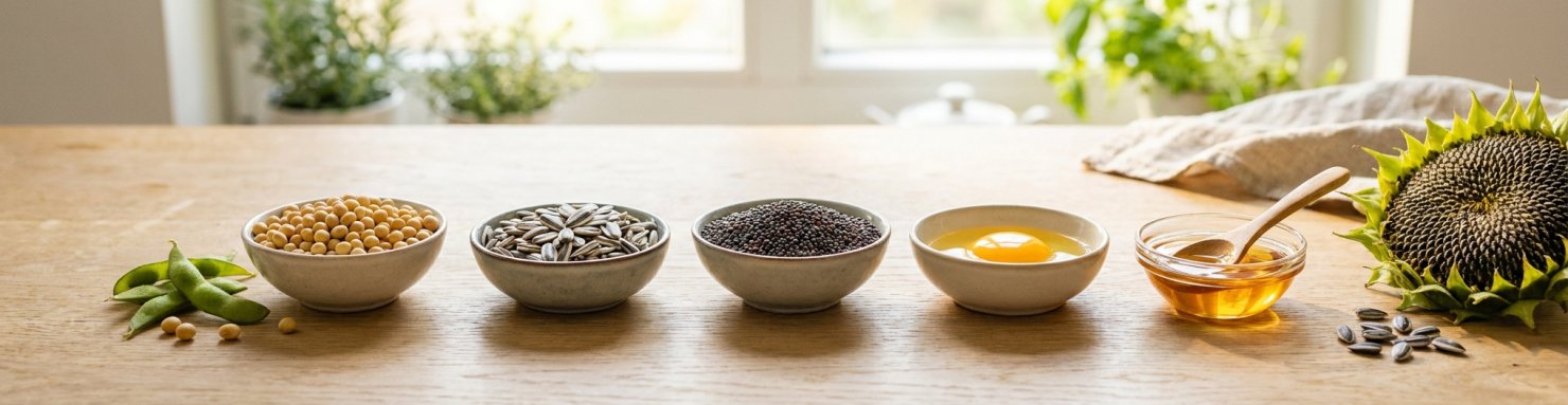 Sources de lécithine : soja, graines de tournesol, colza, jaune d'œuf et lécithine liquide en bols sur une table