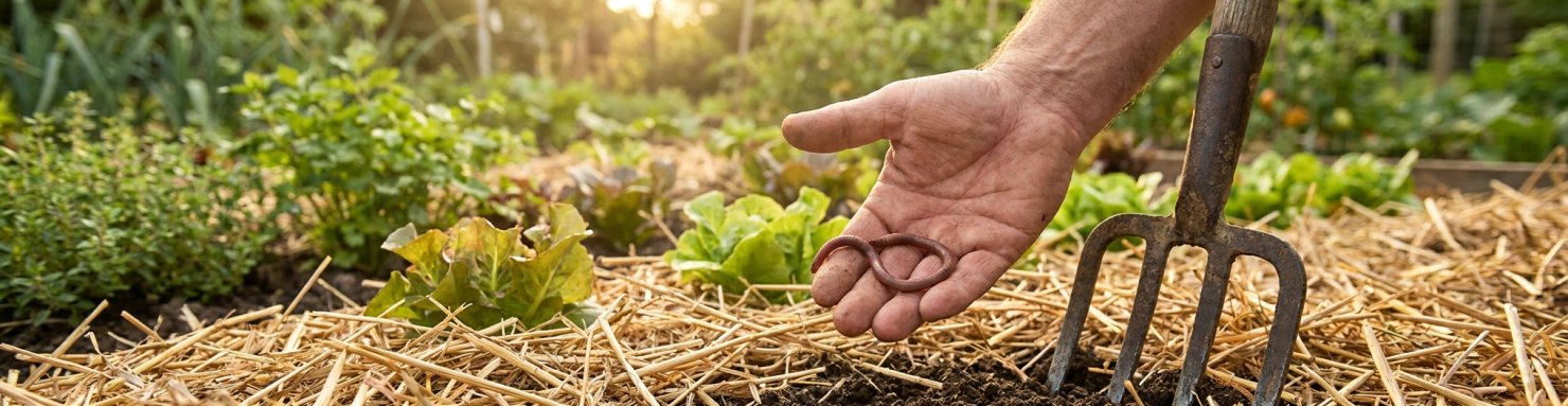 Main de jardinier tenant délicatement un ver de terre au-dessus d'un potager