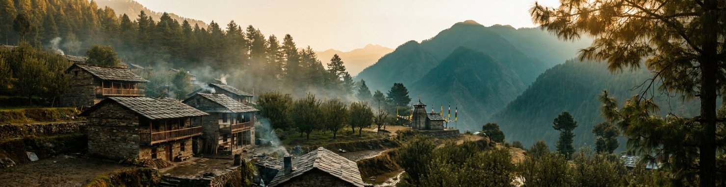 Village traditionnel himachali aux toits d'ardoise dans la vallée de Parvati près de Manali, patrimoine cannabique de la vallée de Kullu