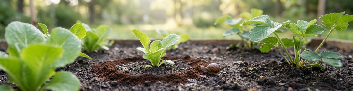 Cercle de marc de café sec autour d'une jeune salade au potager, avec un escargot à proximité