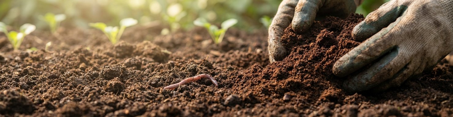 Marc de café pour les plantes mélangé à la terre du jardin, avec un ver de terre qui nourrit la vie du sol