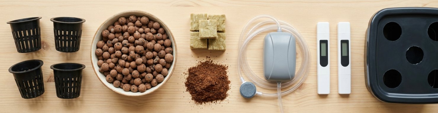 Matériel pour système hydroponique : paniers ajourés, billes d'argile, laine de roche, fibre de coco, pompe à air et testeurs de pH et d'EC