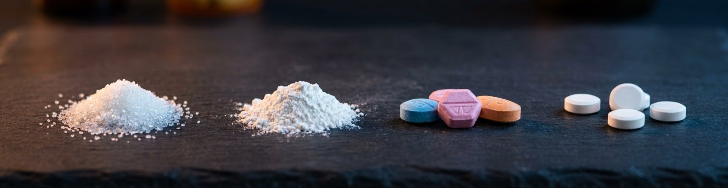 Comparaison MDMA Molly ecstasy taz : cristaux, poudre et comprimés colorés sur surface sombre