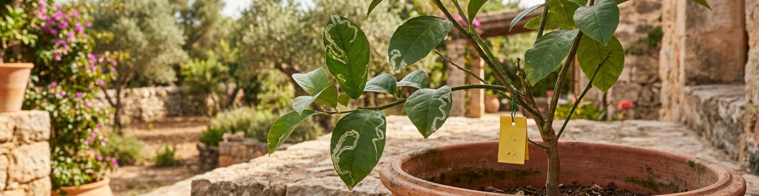 Galeries argentées de la mineuse des agrumes sur les feuilles d'un citronnier