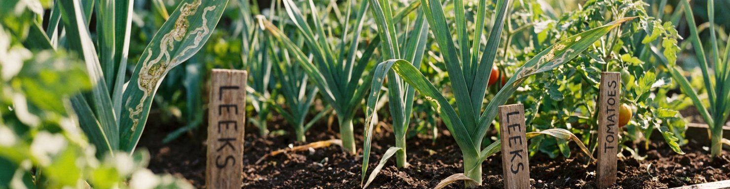 Dégâts de mineuse sur les feuilles de poireau et de tomate au potager