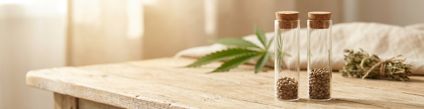 Deux fioles de graines de collection illustrant la génétique G13 x OG Kush de la MK Ultra