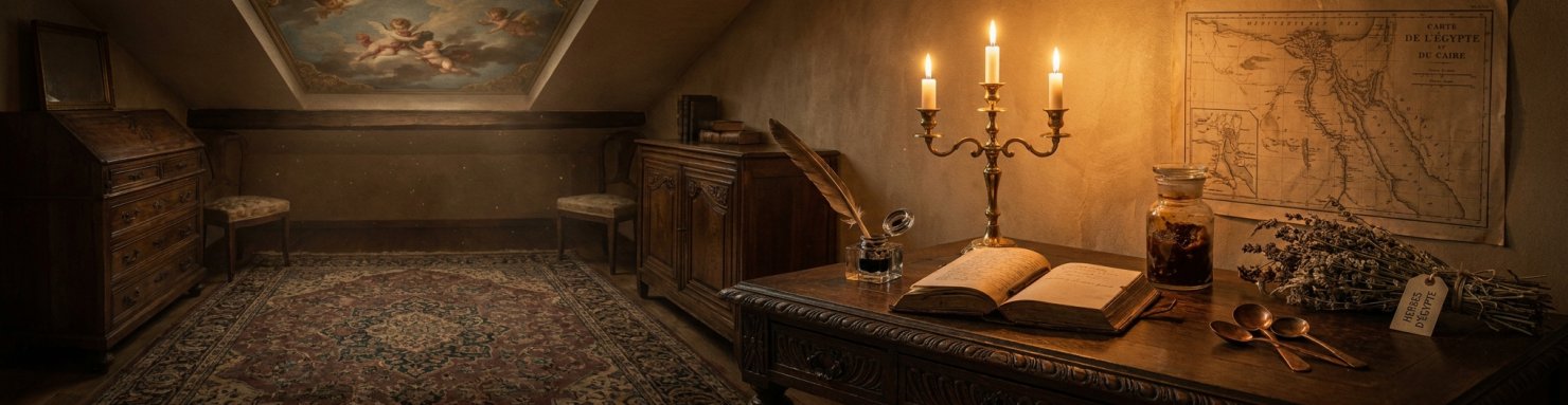 Cabinet d'étude du Dr Moreau de Tours, médecin aliéniste du Club des Hashischins, avec carnet de notes médicales et fiole de dawamesk égyptien