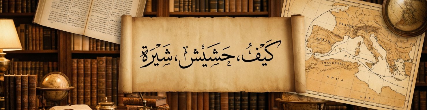 Mots arabes kayf, haschich et chira calligraphiés avec carte de navigation méditerranéenne, héritage linguistique du cannabis