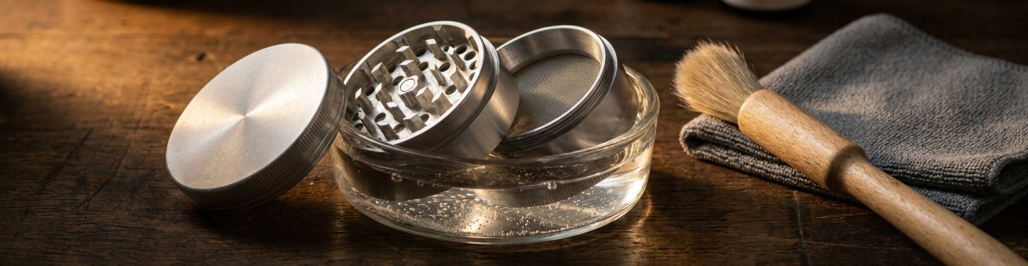 Nettoyage d'un grinder cannabis démonté à l'alcool isopropylique