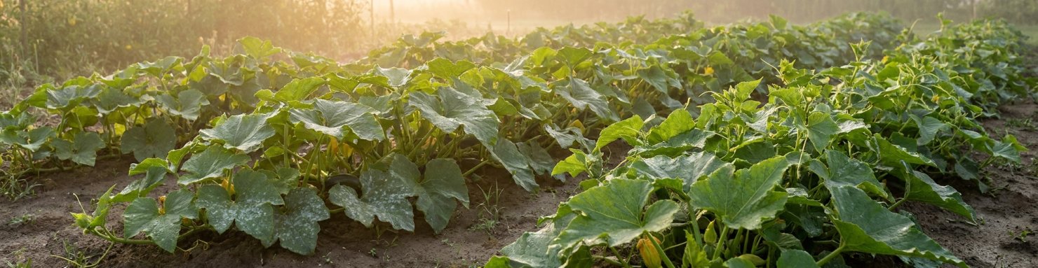 Potager dense de cucurbitacées par matin chaud et humide, conditions favorables à l'oïdium