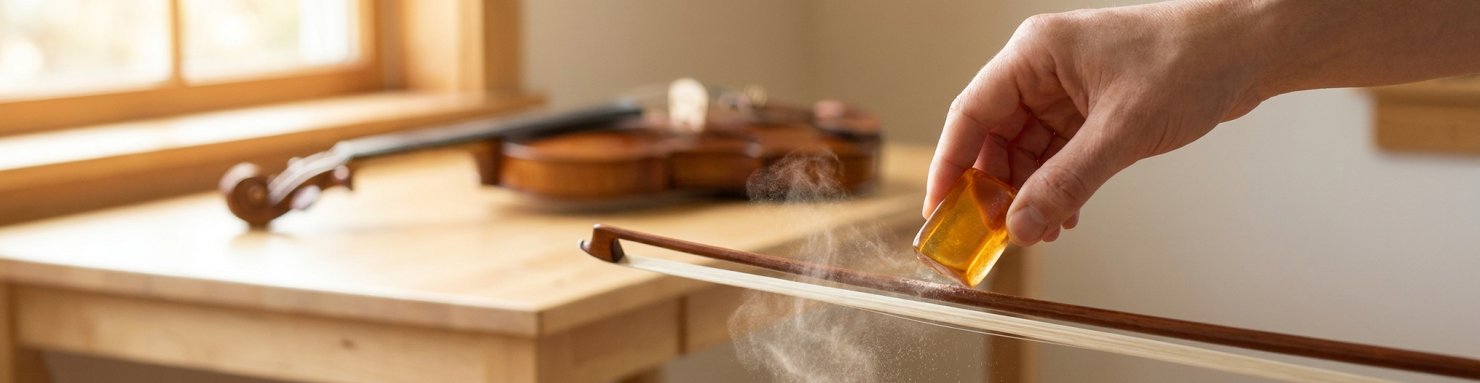 Pain de colophane ambré frotté sur la mèche d'un archet de violon