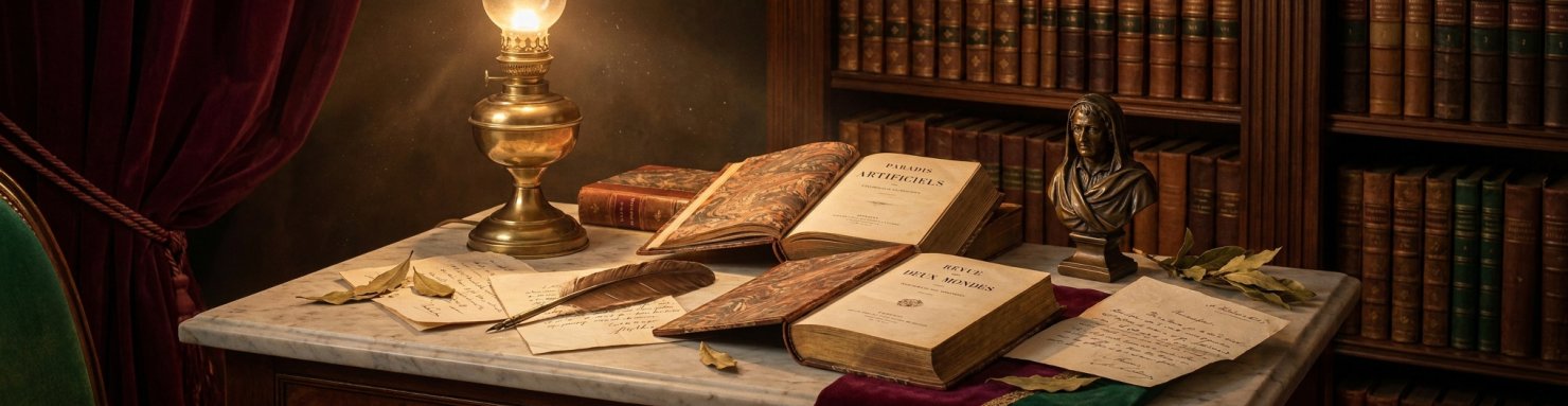 Bibliothèque romantique évoquant les Paradis artificiels de Baudelaire et l'héritage littéraire du Club des Hashischins