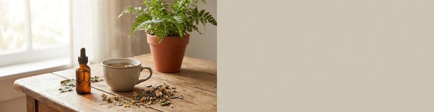 Huile de CBD et tisane sur une table, routine bien-être en périménopause