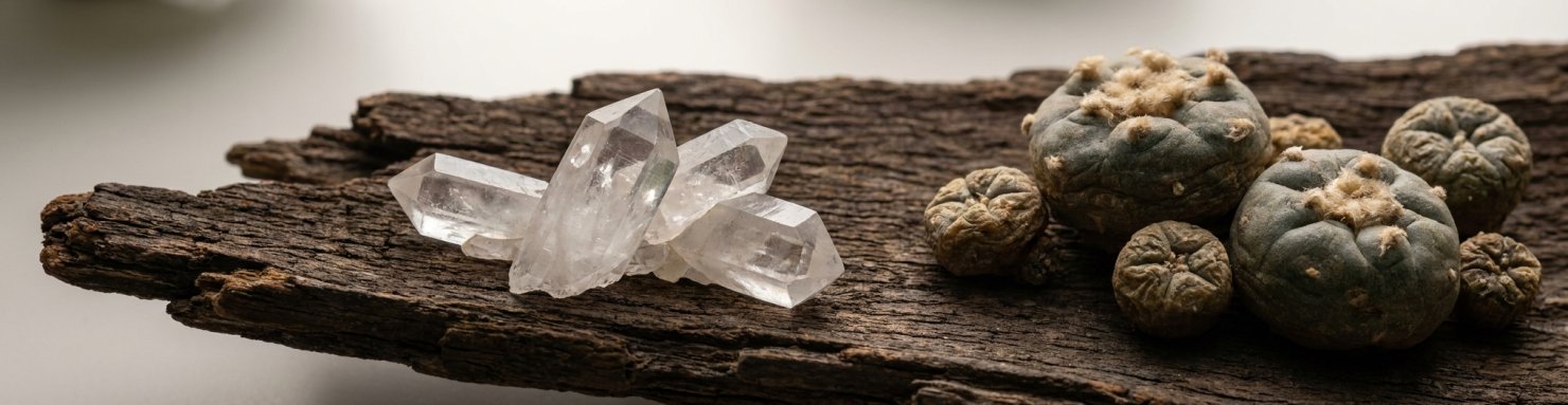 Mescaline et alcaloïdes du peyotl représentés par cristaux et boutons de cactus séchés